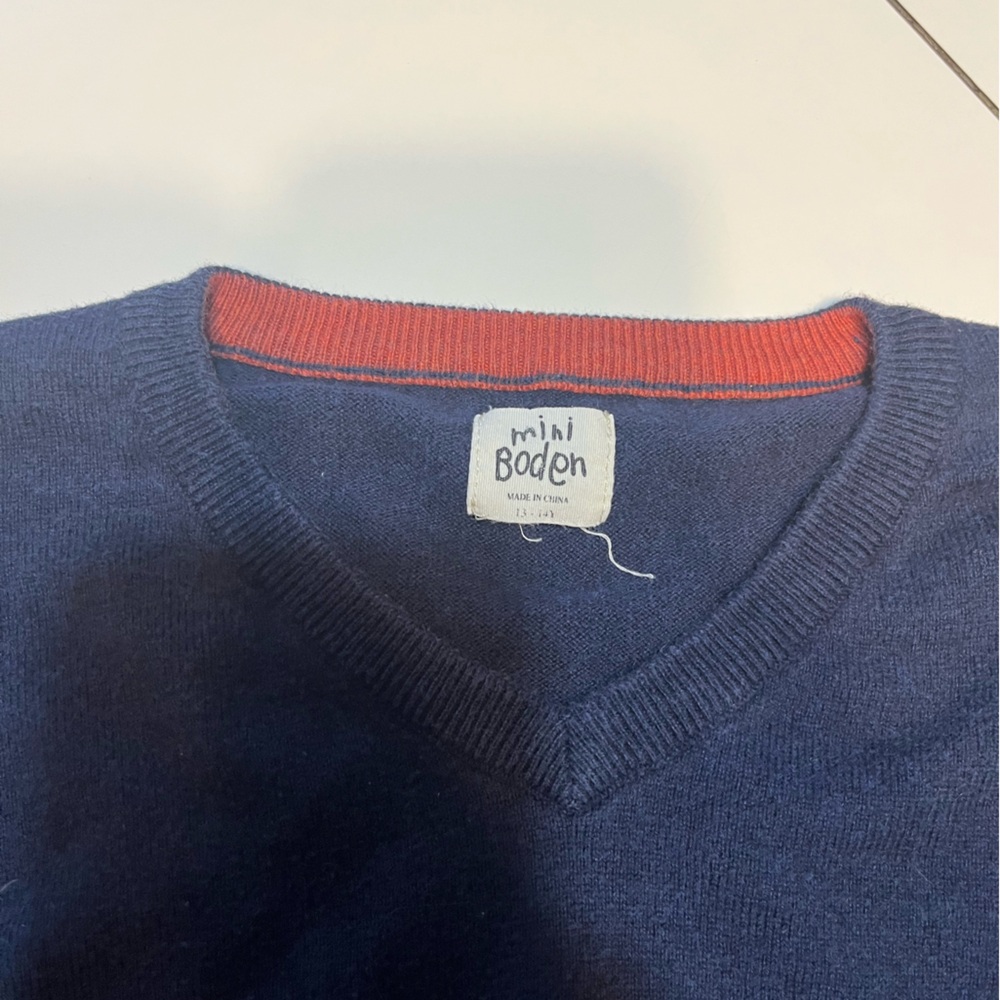 Mini Boden boys 13-14 navy blue sweater orange elbow patches